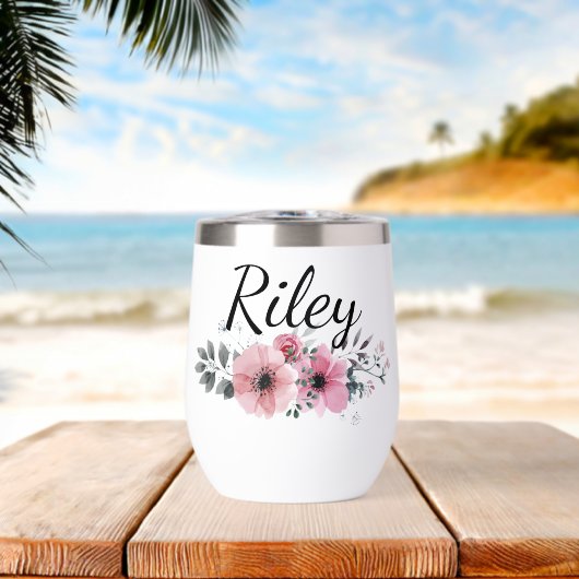 Custom Name Floral Personalized Pink Flower (ビーチ (回転後))