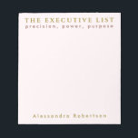 Custom Name Fun List Lover Pastel Pink Minimalist  ノートパッド<br><div class="desc">Fun stylish chic minimalist premium look personalized notepad for the unapologetic list maker. Delicate elegant pastel pink feminine girly background and classy golden and maroon brown typography. Add your name and custom text, for example the fun phrase saying quote THE EXECUTIVE LIST, that resonates so well with some of us,...</div>