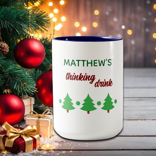 Custom Name Funny Thinking Drink Christmas Trees ツートーンマグカップ