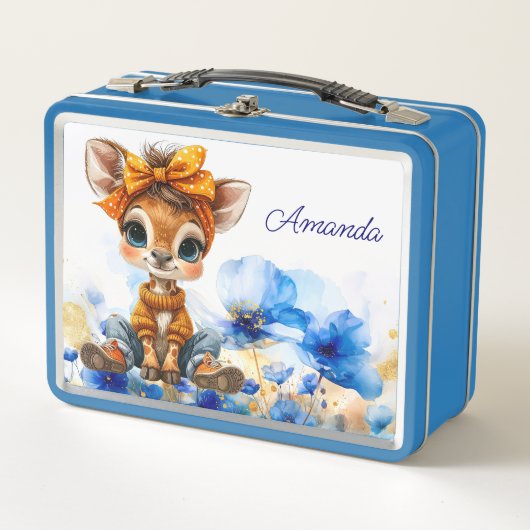 Custom Name Giraffe polka dot bow blue poppies メタルランチボックス (正面)