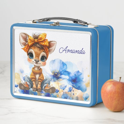 Custom Name Giraffe polka dot bow blue poppies メタルランチボックス (インサイチュ)