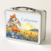 Custom Name Girly rabbit sunflower field  メタルランチボックス (裏面)