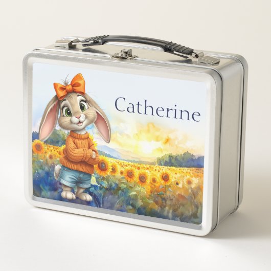 Custom Name Girly rabbit sunflower field  メタルランチボックス (正面)