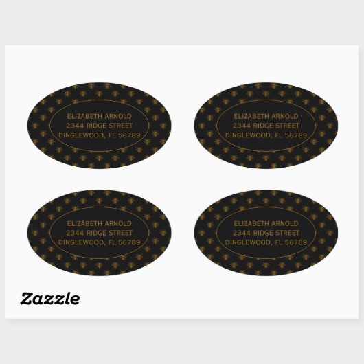 Custom Name Gold Metallic Foil Bees on Black 楕円形シール (シート)