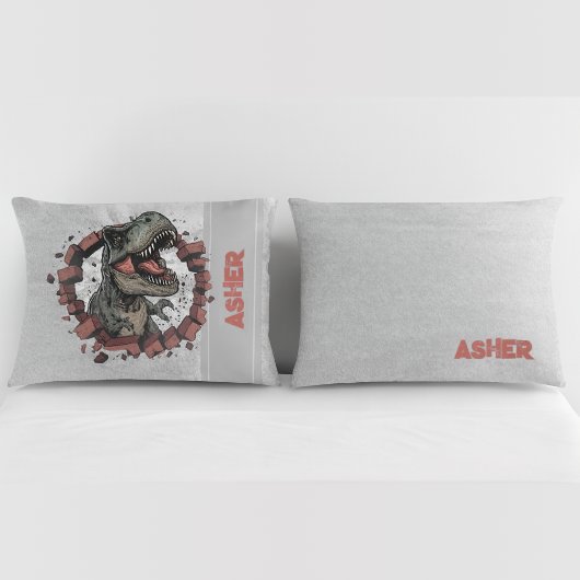 Custom Name Grey Boys Dinosaur Roaring T-Rex 枕カバー