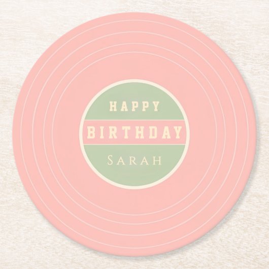 Custom Name Happy Birthday Drink ラウンドペーパーコースター (正面)