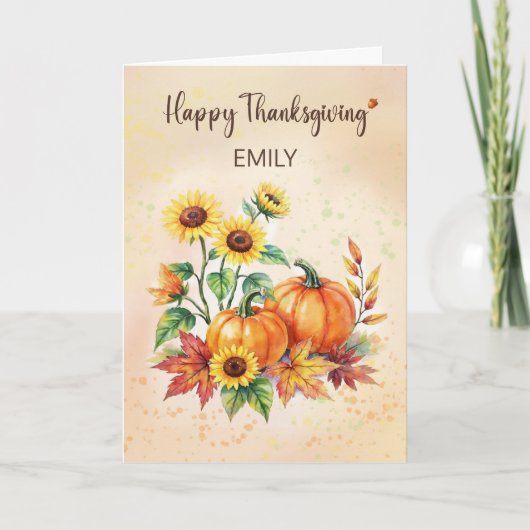 Custom Name Happy Thanksgiving Sunflowers Pumpkins カード (正面)