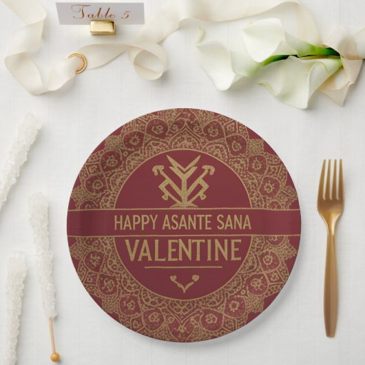 Custom Name Happy Valentine's Day: Red & Gold Lux ペーパープレート (ウェディング)