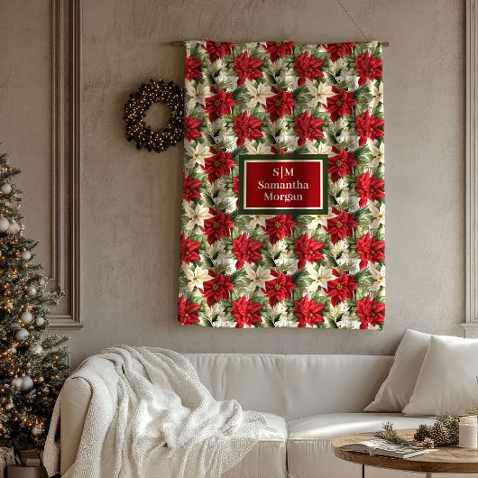 Custom Name Holiday Blanket Chic Poinsettia Style フリースブランケット