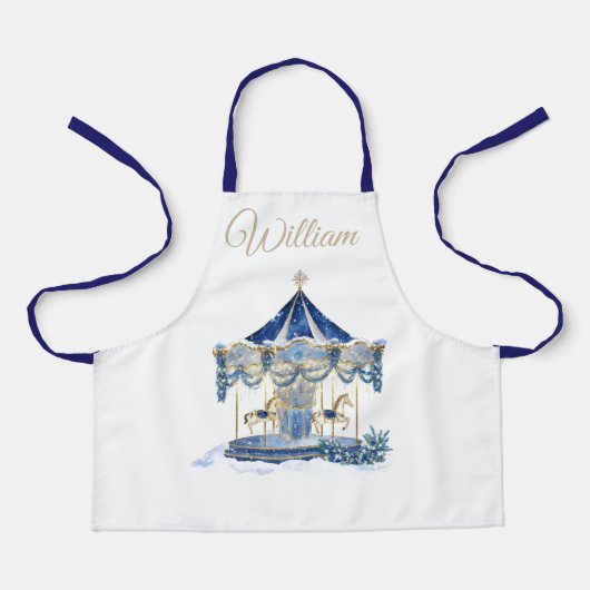 Custom Name Kids Apron | Blue Glitter Carousel  エプロン (正面)