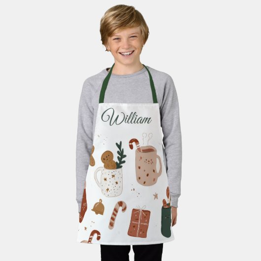 Custom Name Kids Apron Gingerbread & Holiday Cheer エプロン (着用した状態)