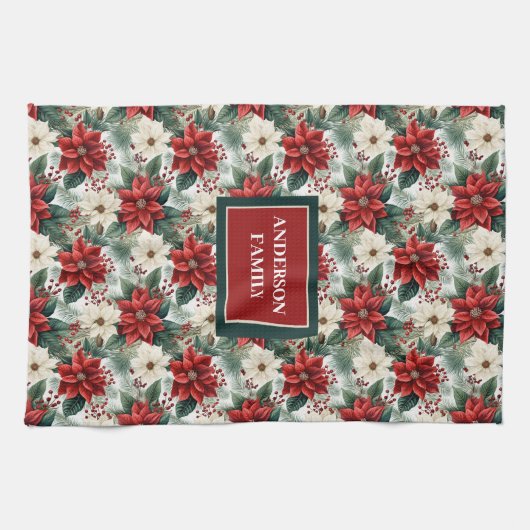 Custom Name Kitchen Towel Chic Christmas Wreath キッチンタオル (横)