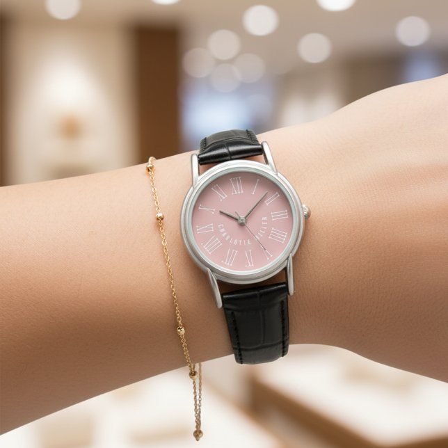 Custom Name Leather Watch Gift for Her or Friends 腕時計 (Mr and Mrs Black Leather Gift – Personalized Coral Gift for Birthday, Bridal Shower or Graduation)