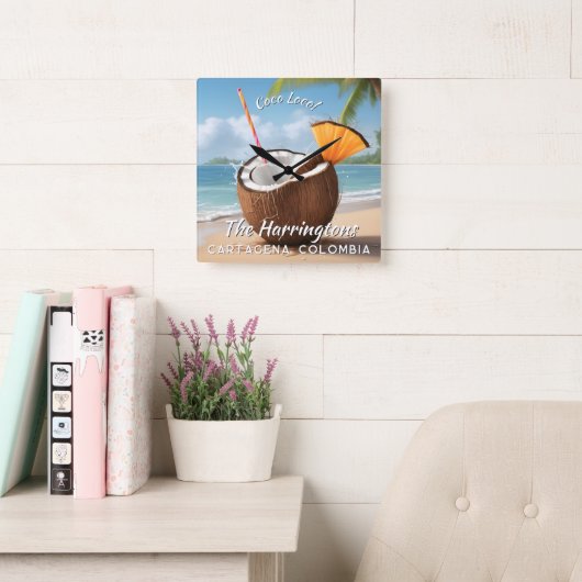 Custom Name & Location Coco Loco スクエア壁時計 (読書スペース)