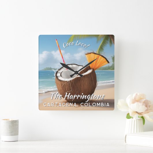 Custom Name & Location Coco Loco スクエア壁時計 (ホーム)
