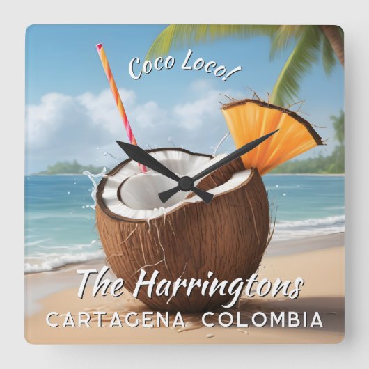 Custom Name & Location Coco Loco スクエア壁時計 (正面)