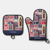 Custom Name London UK Icons 鍋つかみ&鍋敷きセット (正面)