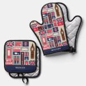Custom Name London UK Icons 鍋つかみ&鍋敷きセット (正面/裏面)