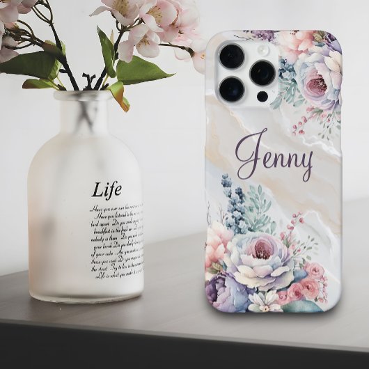 Custom Name Marble Floral Personalized Watercolor iPhoneケース
