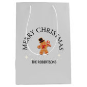 Custom name Merry Christmas gingerbread man gray ミディアムペーパーバッグ (正面)