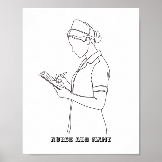 Custom Name Minimalist Nurse Clipboard Line Art  ポスター (正面)