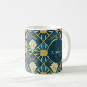 Custom Name & Monogram Art Deco Teal & Gold コーヒーマグカップ (正面右)