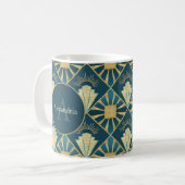 Custom Name & Monogram Art Deco Teal & Gold コーヒーマグカップ (正面左)