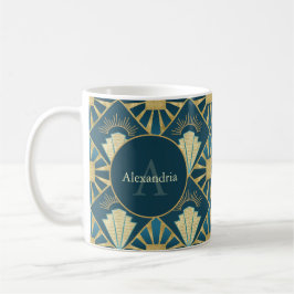Custom Name & Monogram Art Deco Teal & Gold コーヒーマグカップ