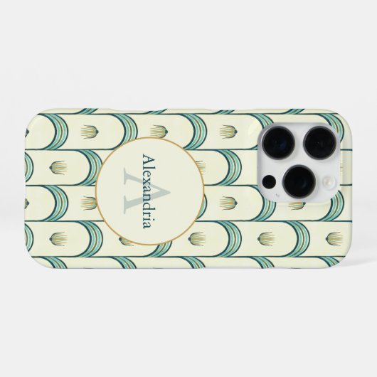 Custom Name & Monogram Art Deco Teal & Gold iPhoneケース (裏面横)