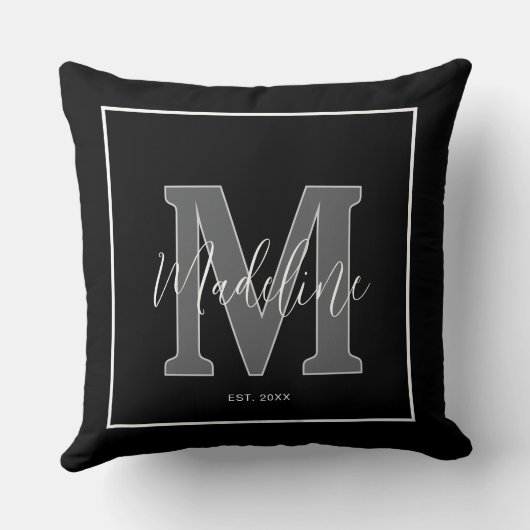 Custom name monogram typography black and white クッション (裏面)