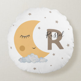 Custom Name Moon Nursery Pillow in Brown Tan Cute ラウンドクッション