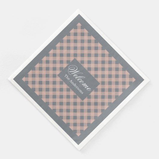 Custom Name Napkins Coral Grey Plaid Elegant (コーナー)