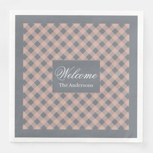 Custom Name Napkins Coral Grey Plaid Elegant (正面)