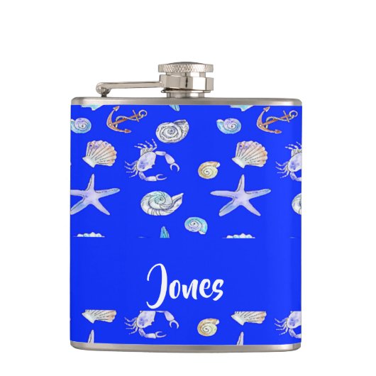 Custom name nautical print on blue フラスク (正面)