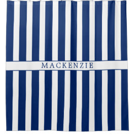 Custom Name Navy and White Vertical Striped シャワーカーテン