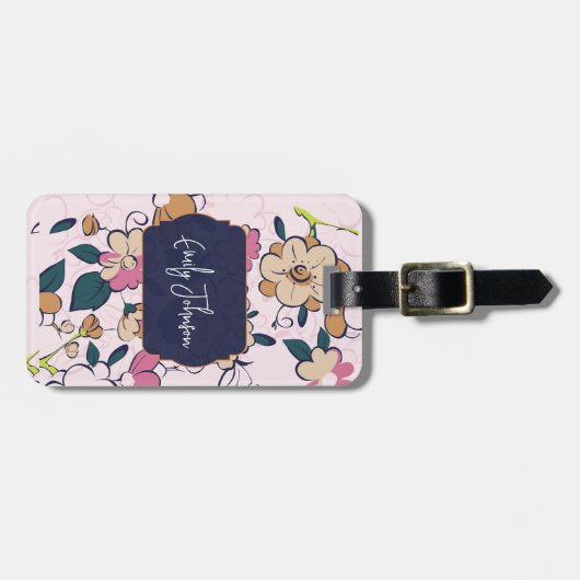 Custom Name Navy Blue Floral Abstract Script Name ラゲッジタグ (正面横)