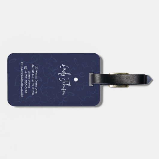 Custom Name Navy Blue Floral Abstract Script Name ラゲッジタグ (裏面横)