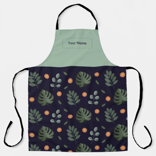 Custom Name Navy Botanical Apron エプロン (正面)