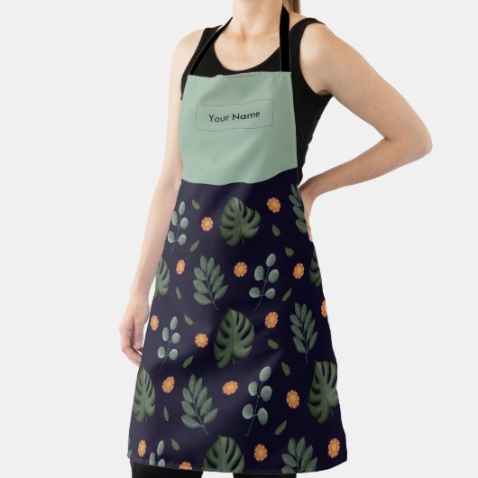 Custom Name Navy Botanical Apron エプロン (インサイチュ)