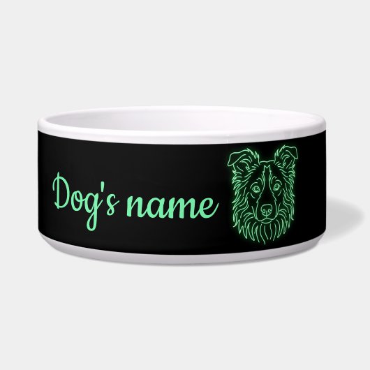 Custom Name Neon Border Collie Glow ボウル (正面)