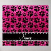 Custom name neon hot pink glitter black dog paws ポスター (正面)