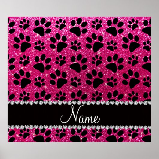 Custom name neon hot pink glitter black dog paws ポスター (正面)