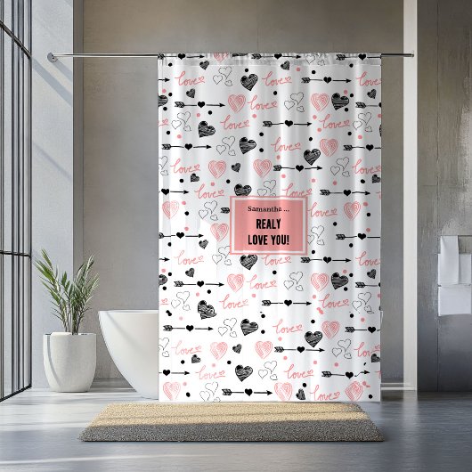 Custom Name Newlywed Love Hand Drawn Heart Curtain シャワーカーテン