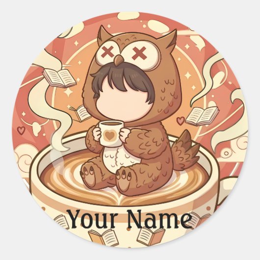 Custom Name Owl Coffee Sticker for Book Lovers ラウンドシール (正面)