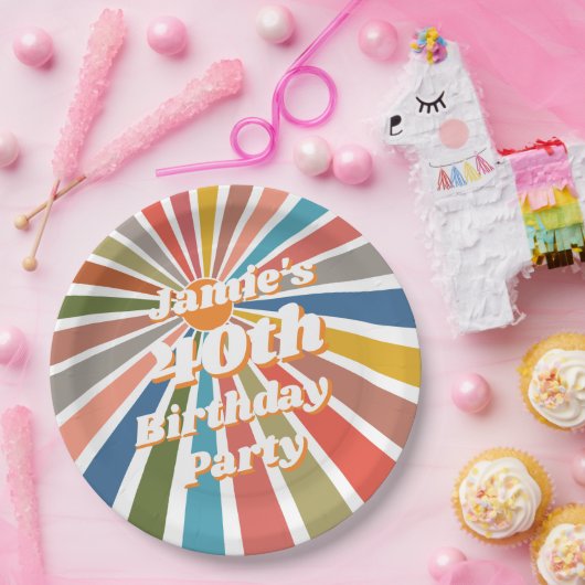 Custom Name Party Table Decor Fun Retro Rainbow ペーパープレート (パーティー)