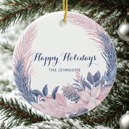 Custom Name Pastel Wreath Happy Holidays セラミックオーナメント
