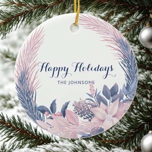 Custom Name Pastel Wreath Happy Holidays セラミックオーナメント