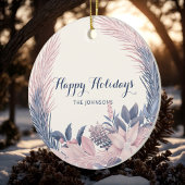 Custom Name Pastel Wreath Happy Holidays セラミックオーナメント