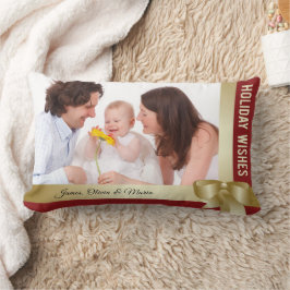 Custom Name & Photo Holiday Red, Gold Bow ランバークッション