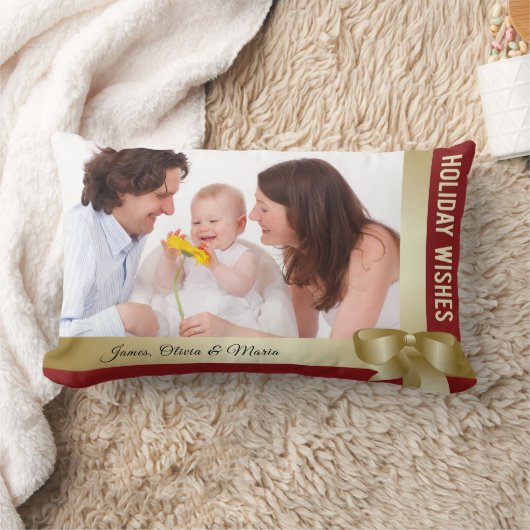 Custom Name & Photo Holiday Red, Gold Bow ランバークッション (ブランケット)